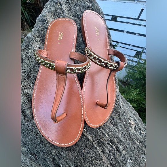 Zara Brown Leather Sandals with Gold Chain, Size 39(8.5) - Picture 1 of 9